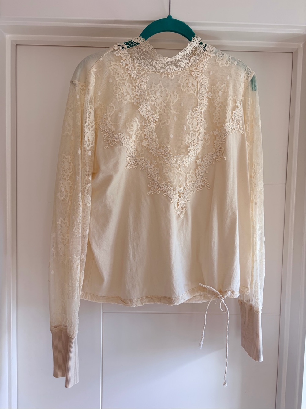 Anthropologie Tiny Delicate Lace-Trim Cream Long-Sleeve Top